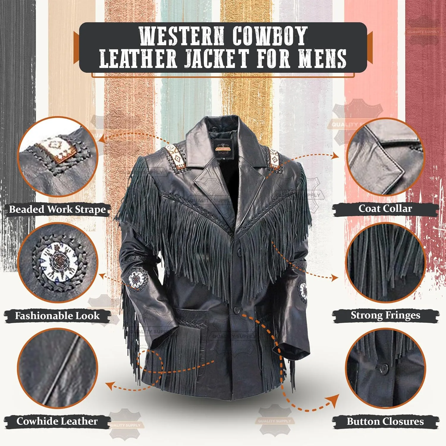 Men's Western Genuine Cowhide Leather Jacket| Traditional Native American Real Cowhide Cowboy Coat with Fringe