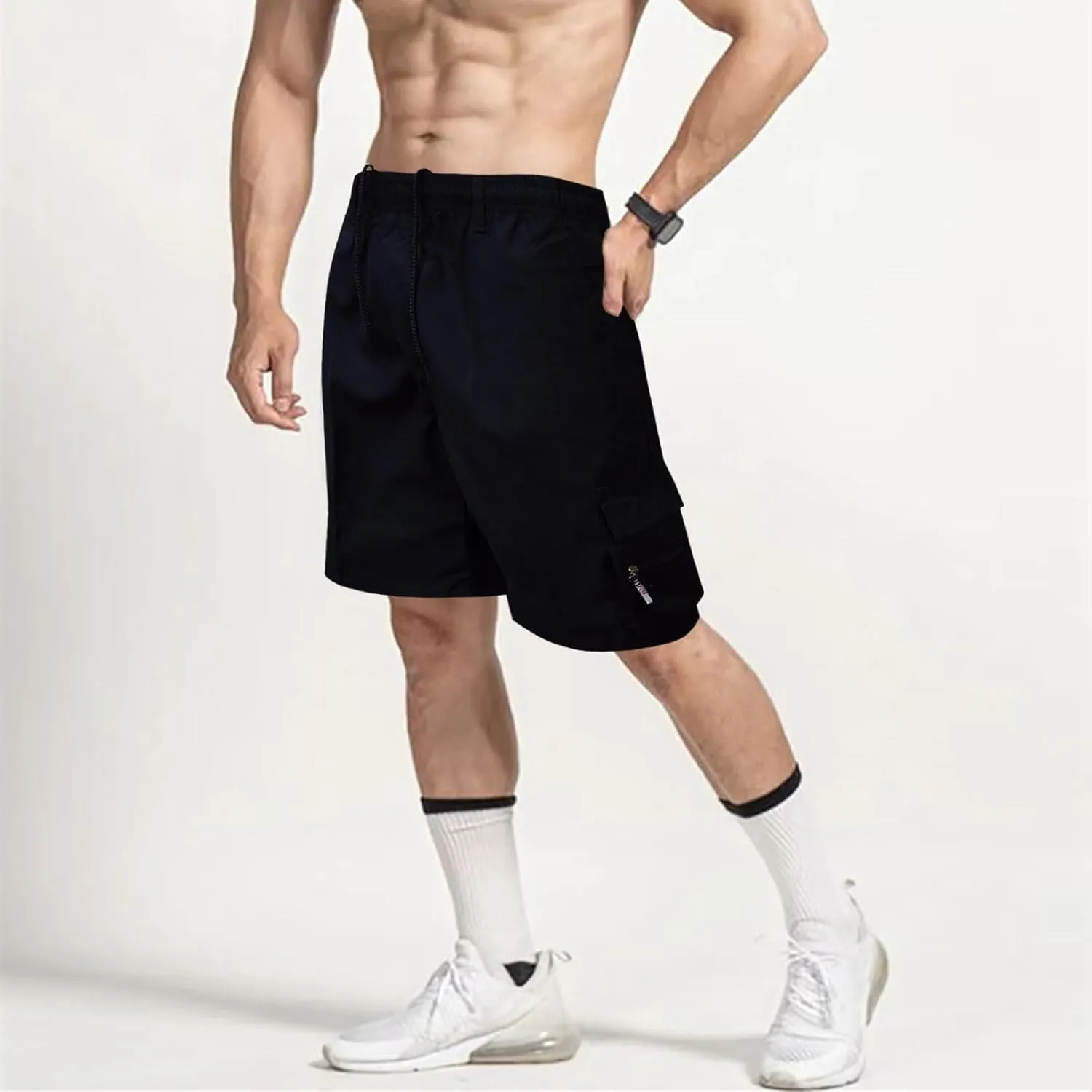 Men's Zipper Pockets Hiking Athletic Running Shorts, Multi Pocket Lightweight Quick Dry Elastic Waist Workout Shorts