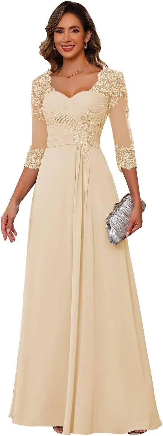 Miao Duo Women's Lace Appliqued Mother of The Bride Dresses 3/4 Sleeves Scoop Long Formal Evening Dress MDPM107