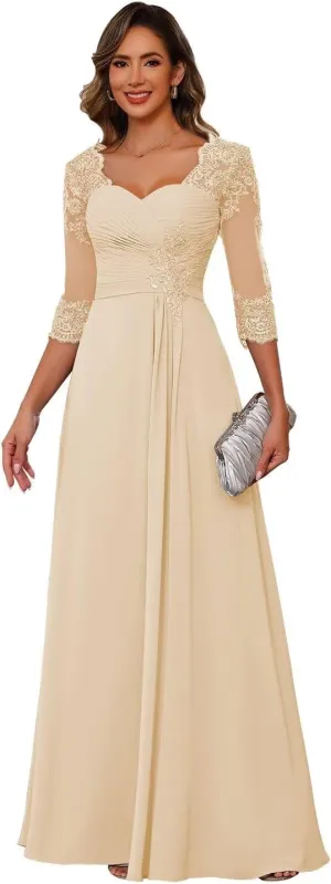 Miao Duo Women's Lace Appliqued Mother of The Bride Dresses 3/4 Sleeves Scoop Long Formal Evening Dress MDPM107