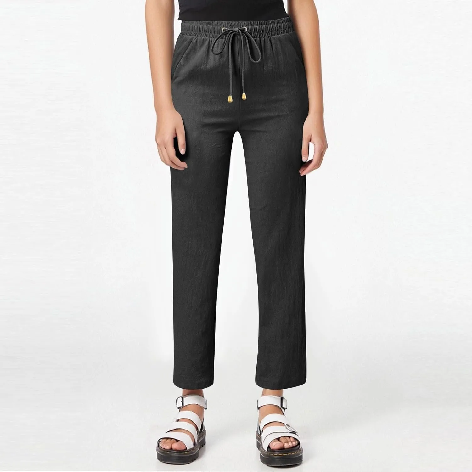 midelxp Straight Leg Linen Pants Women Comfy Loose Fitting Drawstring Pants with Pockets Casual High Waisted Trousers Pants