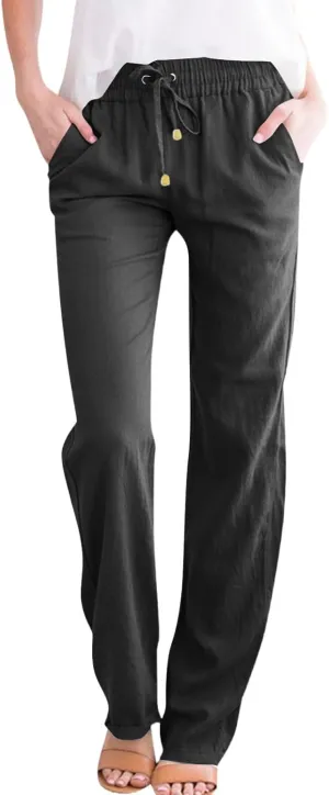 midelxp Straight Leg Linen Pants Women Comfy Loose Fitting Drawstring Pants with Pockets Casual High Waisted Trousers Pants