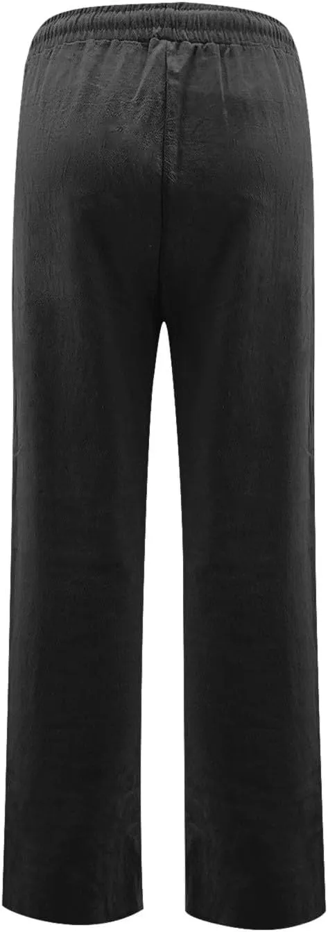 midelxp Straight Leg Linen Pants Women Comfy Loose Fitting Drawstring Pants with Pockets Casual High Waisted Trousers Pants