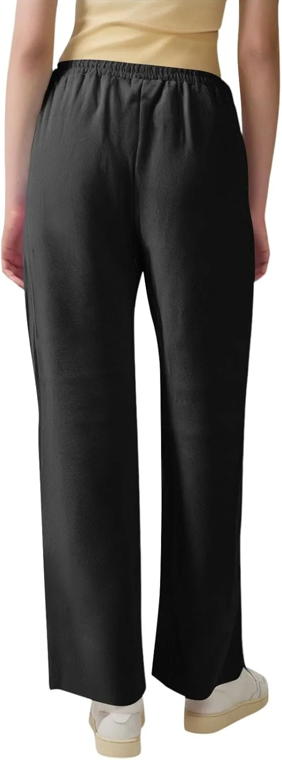 midelxp Straight Leg Linen Pants Women Comfy Loose Fitting Drawstring Pants with Pockets Casual High Waisted Trousers Pants