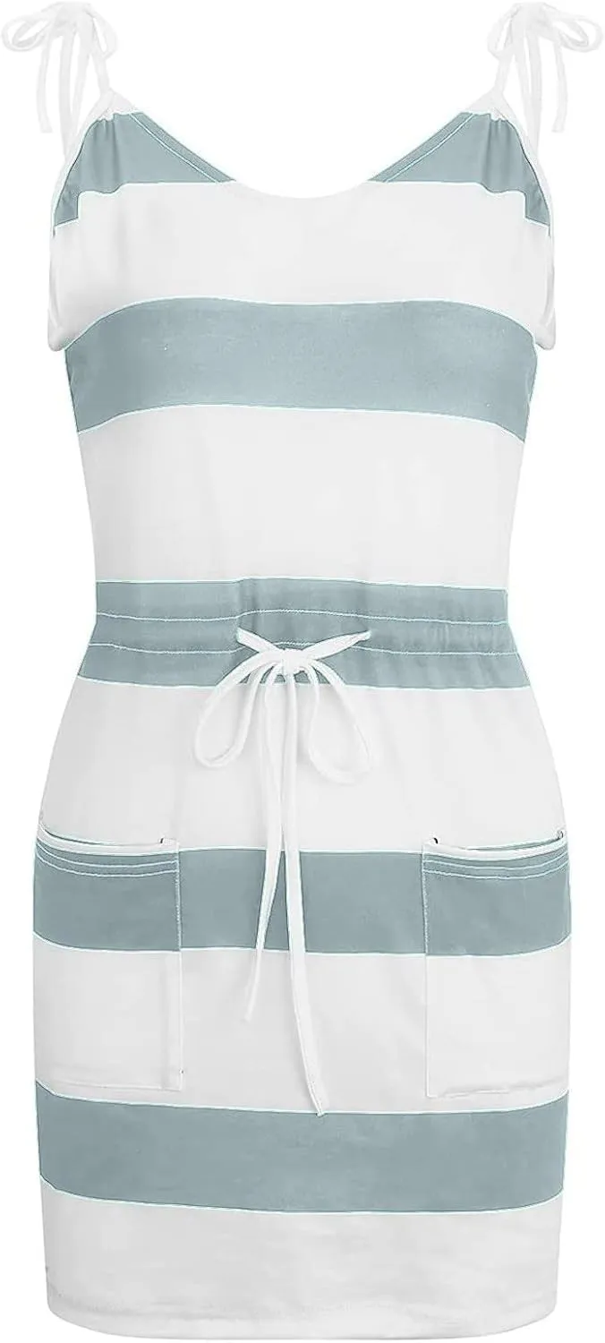 Midi Dresses for Women Summer Casual Striped Spaghetti Strap V Neck Dresses Drawstring Waist Vacation Beach Sundresses