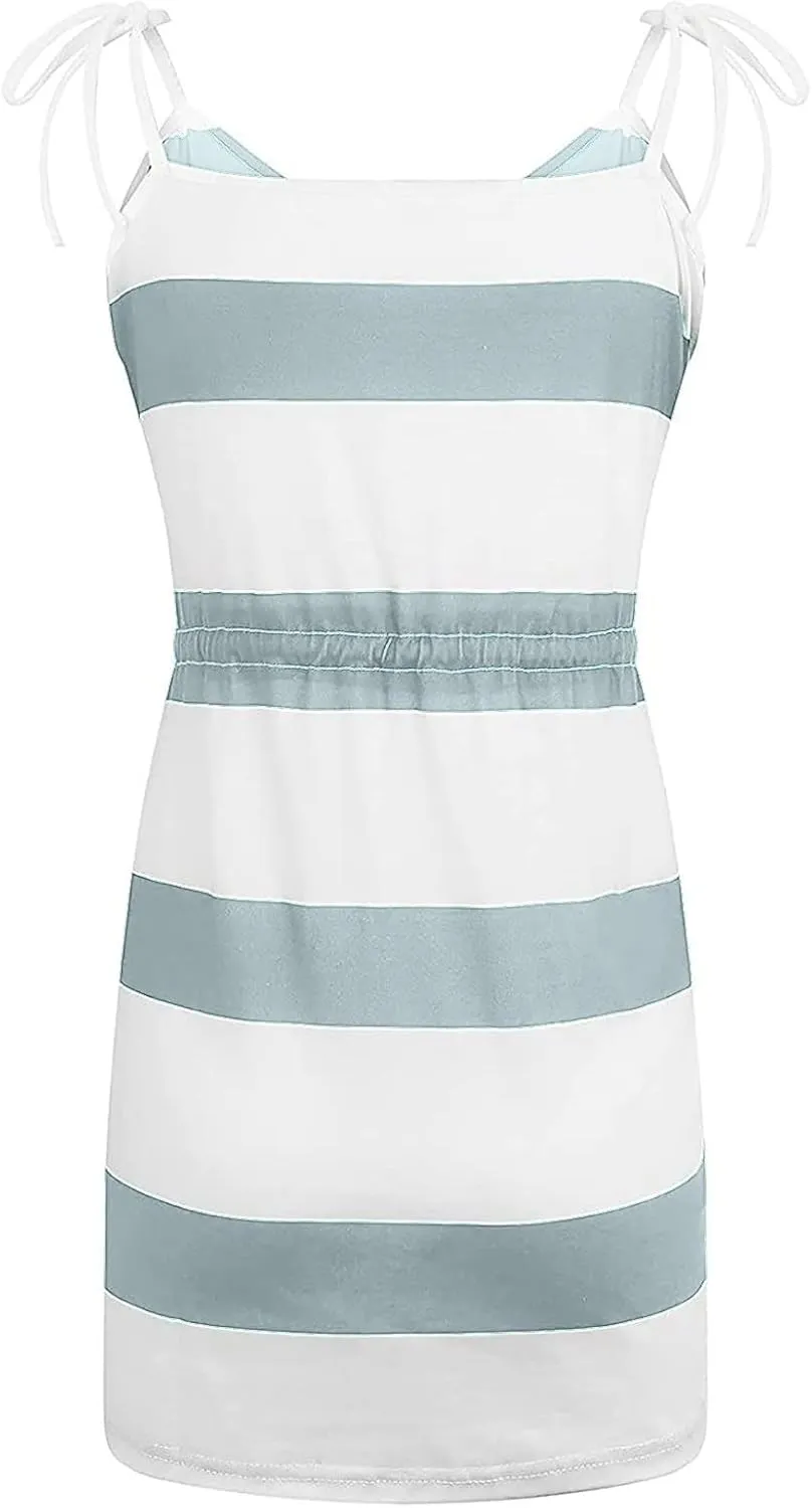 Midi Dresses for Women Summer Casual Striped Spaghetti Strap V Neck Dresses Drawstring Waist Vacation Beach Sundresses