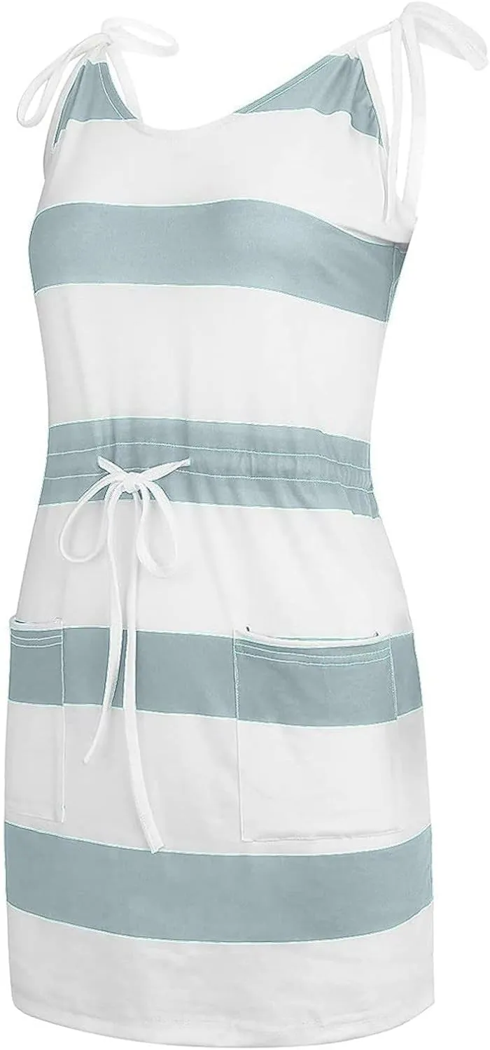 Midi Dresses for Women Summer Casual Striped Spaghetti Strap V Neck Dresses Drawstring Waist Vacation Beach Sundresses