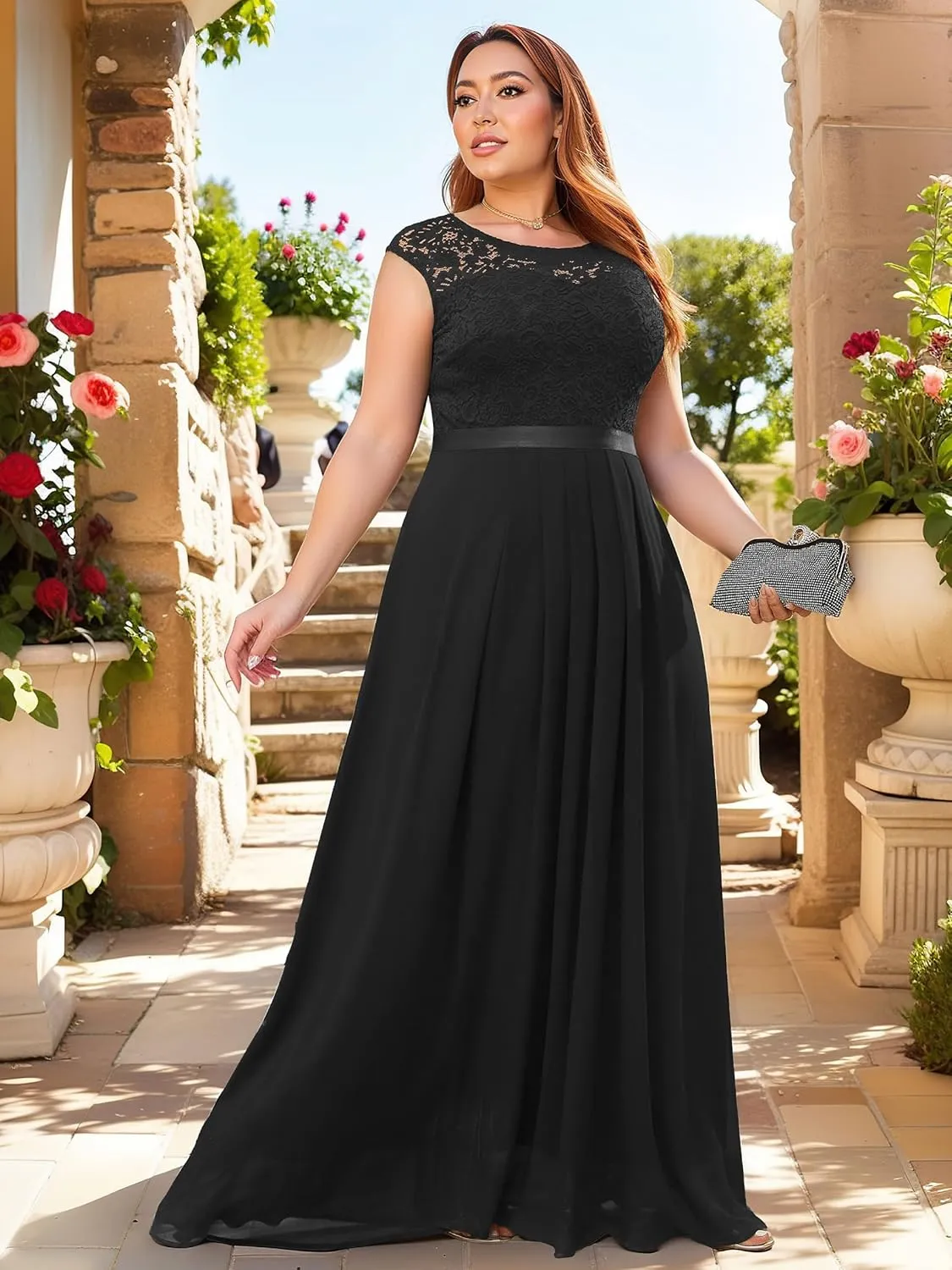 Miusol Women's Plus Size Sleeveless Scoop Neck Floral Lace Bridesmaid Evening Party Maxi Dress