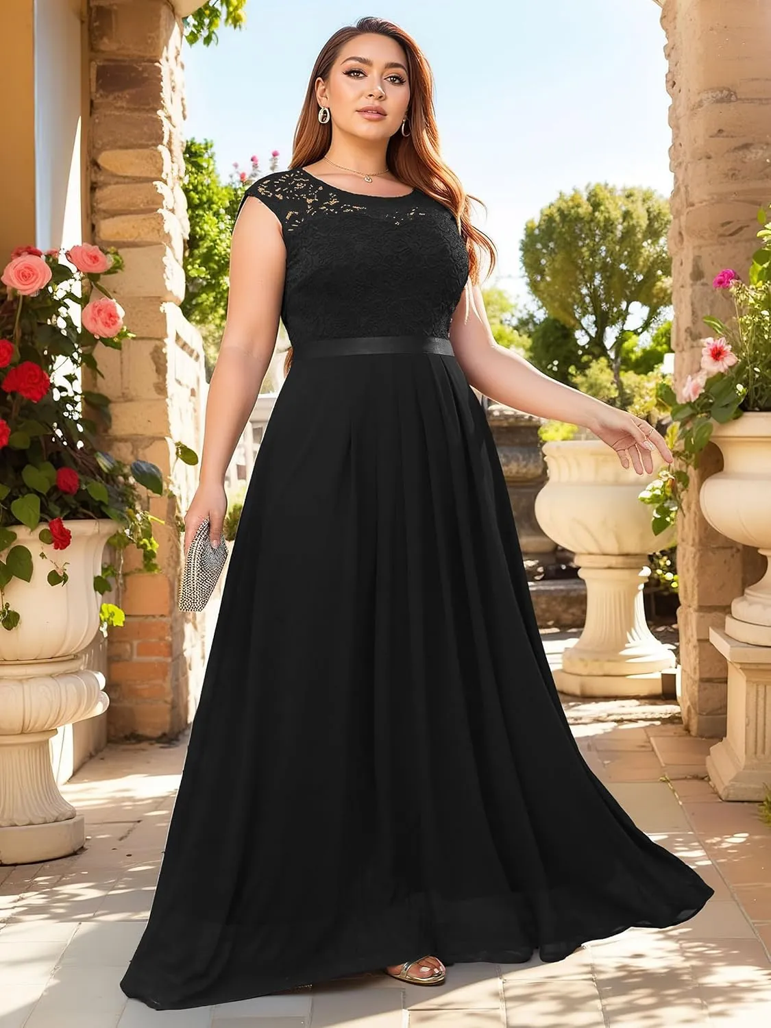 Miusol Women's Plus Size Sleeveless Scoop Neck Floral Lace Bridesmaid Evening Party Maxi Dress