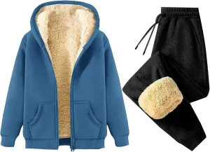 Miyaomn Women's Fleece Sweatsuit 2 Piece Outfit Winter Sherpa Lined Tracksuit Warm Thick Hooded Jacket and Jogging Pants Sets