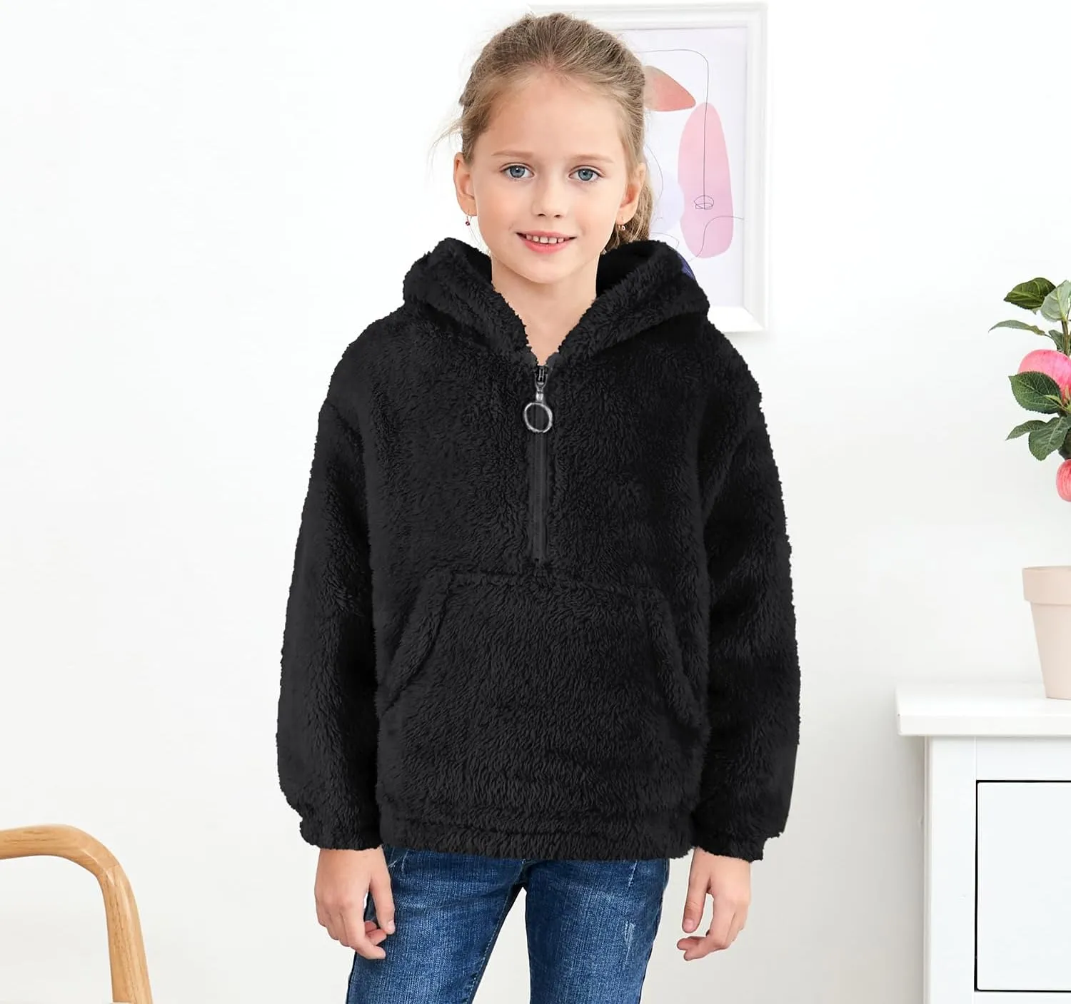 MODAFANS Girls Buffalo Plaid Fleece Hoodies Pullover Teddy Bear Jacket Sweatshirt Casual Outwear Coat with Pockets 4-13Years