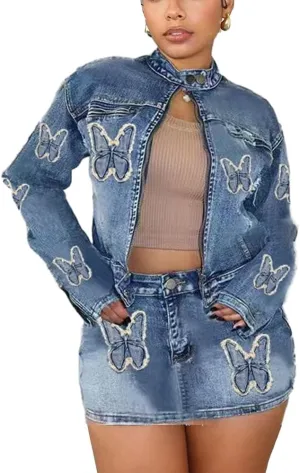 Molilove 2 Piece Denim Skirt Jacket Set Women Zipper Jacket Top Elastic Waist Skirt with Pockets Sweatsuit Tracksuit Sets