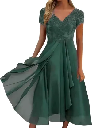 Mother of The Bride Dresses Tea Length Lace Appliques Flowy Chiffon Short Sleeve V Neck Formal Evening Dresses for Women