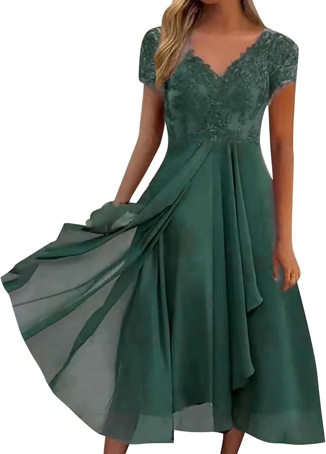 Mother of The Bride Dresses Tea Length Lace Appliques Flowy Chiffon Short Sleeve V Neck Formal Evening Dresses for Women