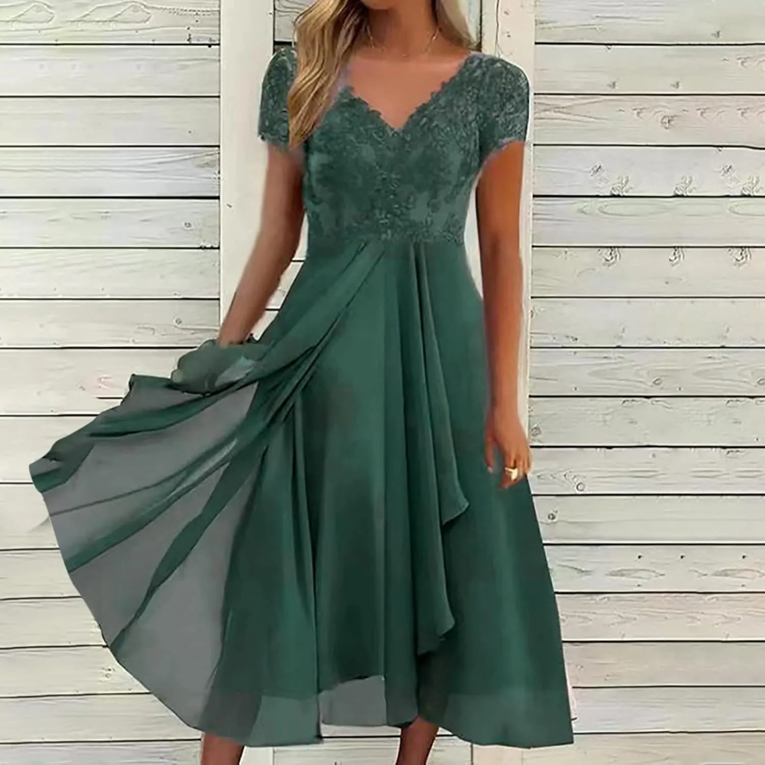 Mother of The Bride Dresses Tea Length Lace Appliques Flowy Chiffon Short Sleeve V Neck Formal Evening Dresses for Women