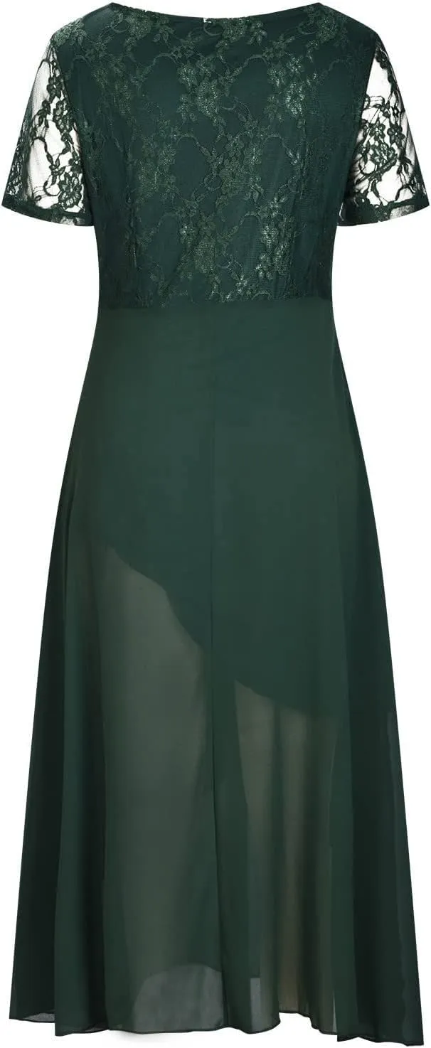 Mother of The Bride Dresses Tea Length Lace Appliques Flowy Chiffon Short Sleeve V Neck Formal Evening Dresses for Women
