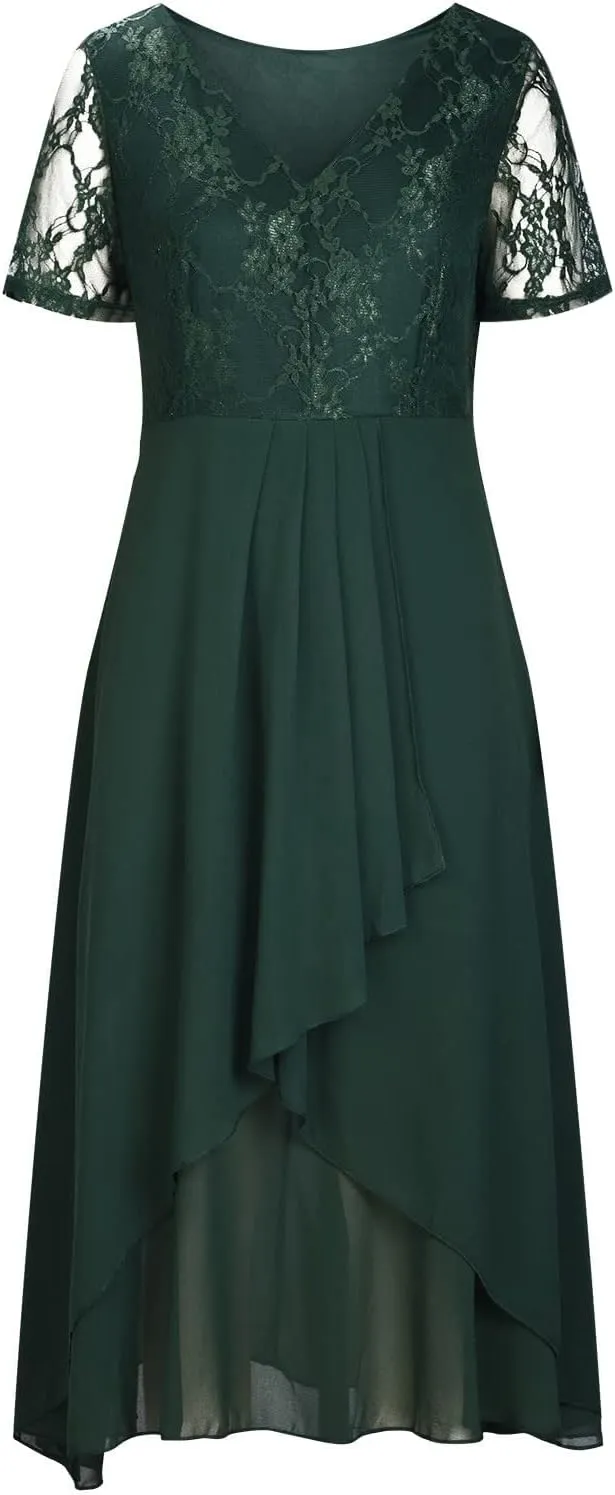 Mother of The Bride Dresses Tea Length Lace Appliques Flowy Chiffon Short Sleeve V Neck Formal Evening Dresses for Women