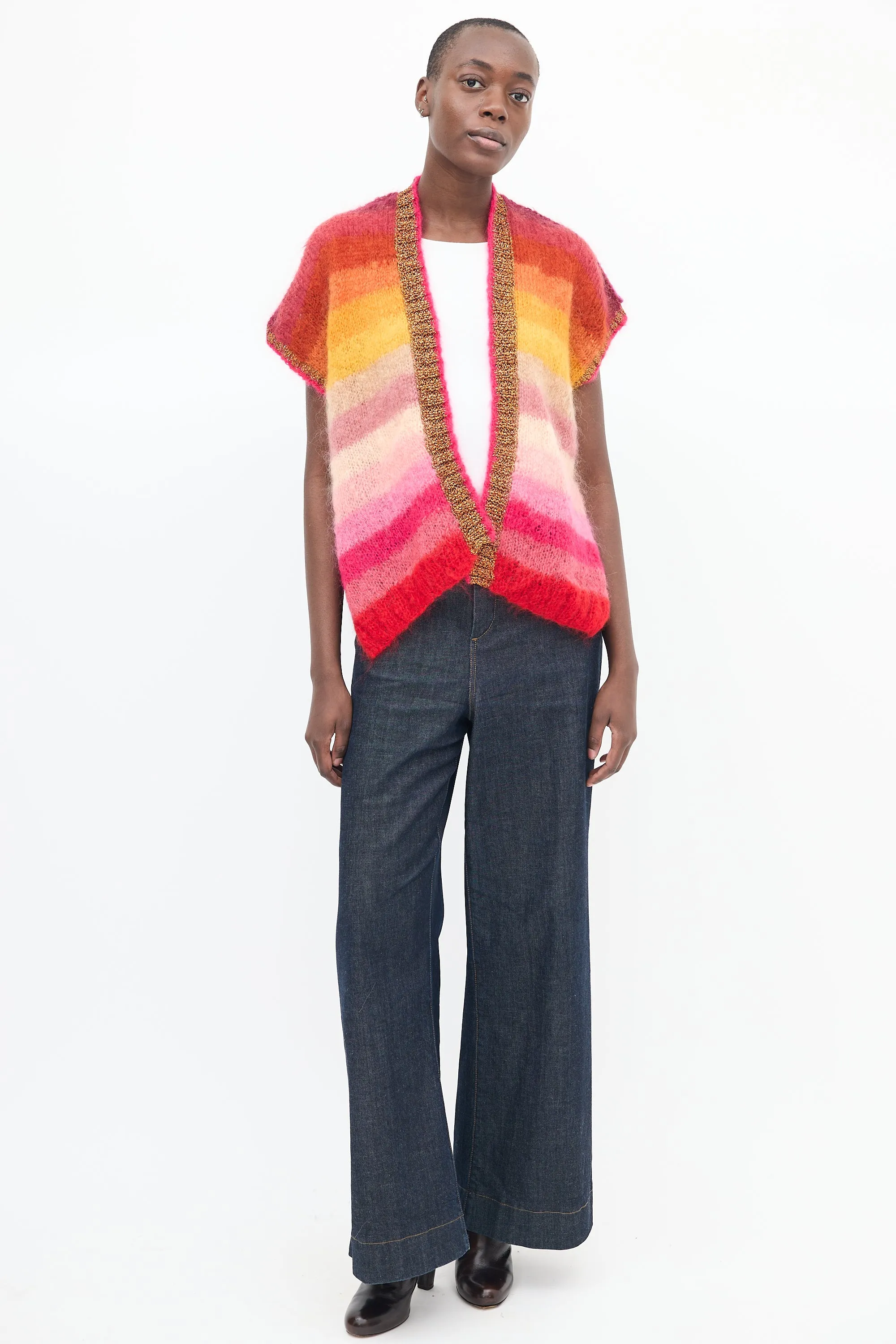 Multicolour Mohair Striped Short Sleeve Cardigan