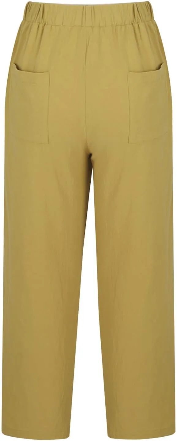 Mzkdieey Cotton Linen Capri Pants for Women Summer Casual Plain Drawstring Elastic Waist Baggy Cropped Trousers with Pockets