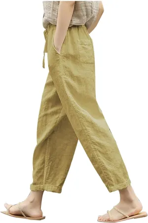Mzkdieey Cotton Linen Capri Pants for Women Summer Casual Plain Drawstring Elastic Waist Baggy Cropped Trousers with Pockets