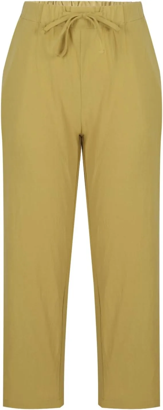 Mzkdieey Cotton Linen Capri Pants for Women Summer Casual Plain Drawstring Elastic Waist Baggy Cropped Trousers with Pockets