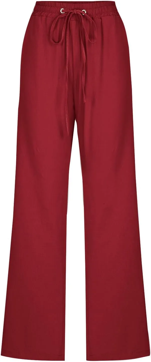 Mzkdieey Womens Casual Cotton Linen High Waist Pants Drawstring Loose Fit Summer Straight Leg Pants Trousers with Pockets
