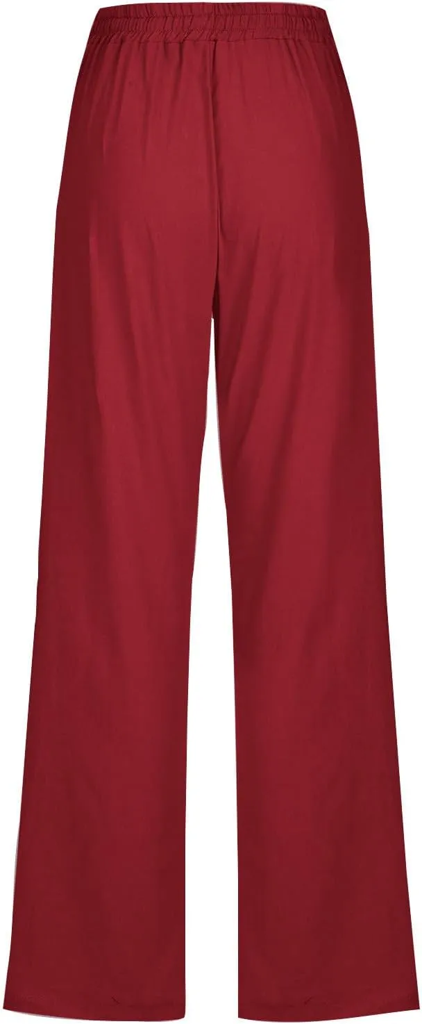 Mzkdieey Womens Casual Cotton Linen High Waist Pants Drawstring Loose Fit Summer Straight Leg Pants Trousers with Pockets