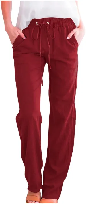 Mzkdieey Womens Casual Cotton Linen High Waist Pants Drawstring Loose Fit Summer Straight Leg Pants Trousers with Pockets