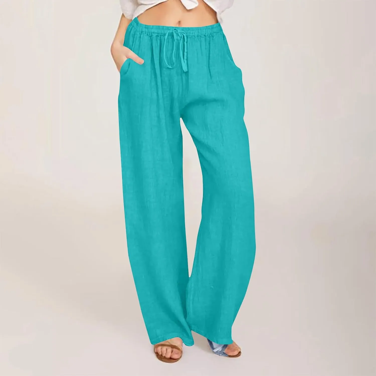 Mzkdieey Women's Summer Drawstring Waist Wide Leg Loose Cotton Linen Palazzo Pants Casual Lounge Yoga Trousers with Pockets