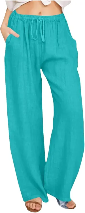 Mzkdieey Women's Summer Drawstring Waist Wide Leg Loose Cotton Linen Palazzo Pants Casual Lounge Yoga Trousers with Pockets