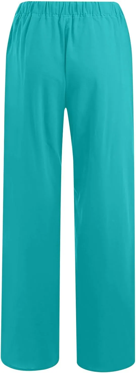 Mzkdieey Women's Summer Drawstring Waist Wide Leg Loose Cotton Linen Palazzo Pants Casual Lounge Yoga Trousers with Pockets