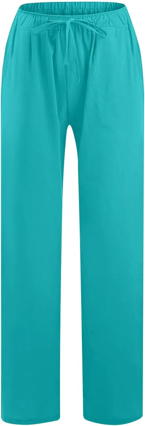 Mzkdieey Women's Summer Drawstring Waist Wide Leg Loose Cotton Linen Palazzo Pants Casual Lounge Yoga Trousers with Pockets