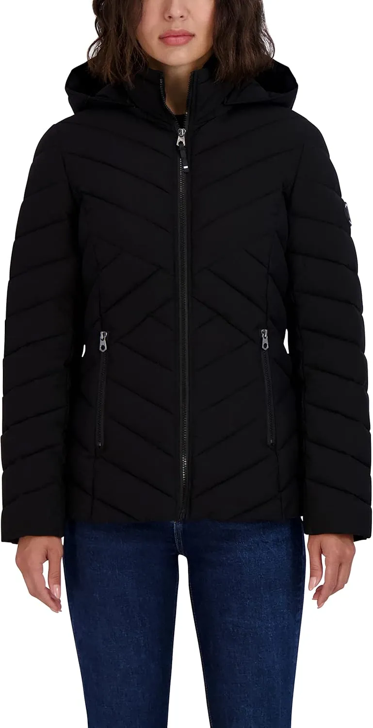 Nautica Women's Short Stretch Lightweight Puffer Jacket with Removeable Hood