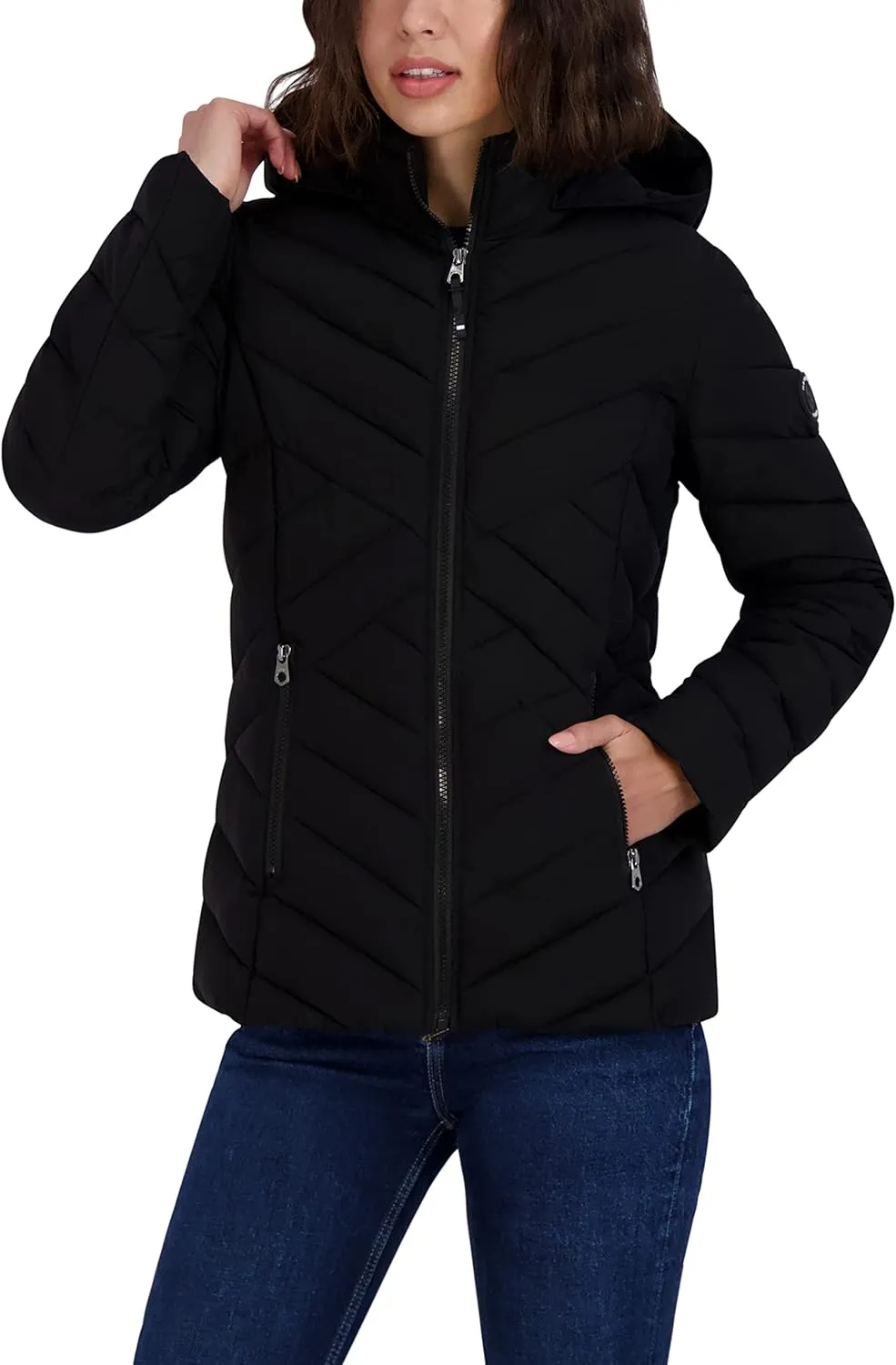 Nautica Women's Short Stretch Lightweight Puffer Jacket with Removeable Hood