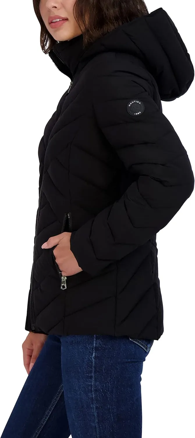 Nautica Women's Short Stretch Lightweight Puffer Jacket with Removeable Hood
