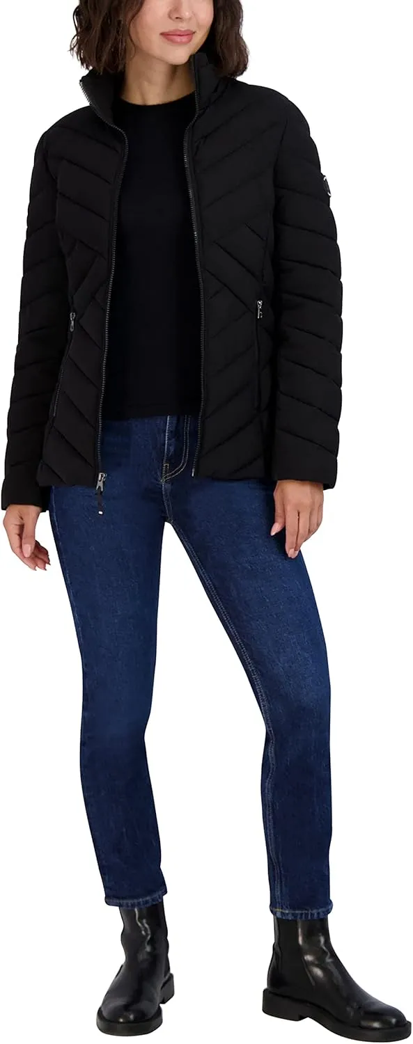 Nautica Women's Short Stretch Lightweight Puffer Jacket with Removeable Hood