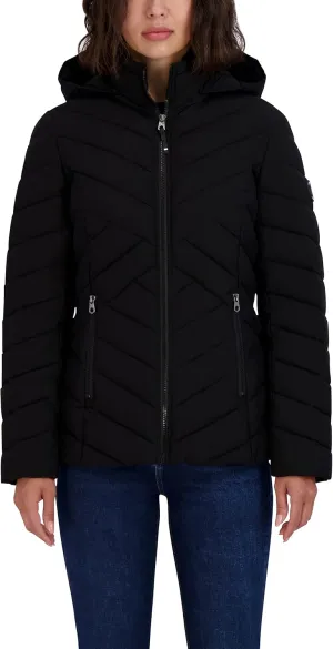 Nautica Women's Short Stretch Lightweight Puffer Jacket with Removeable Hood