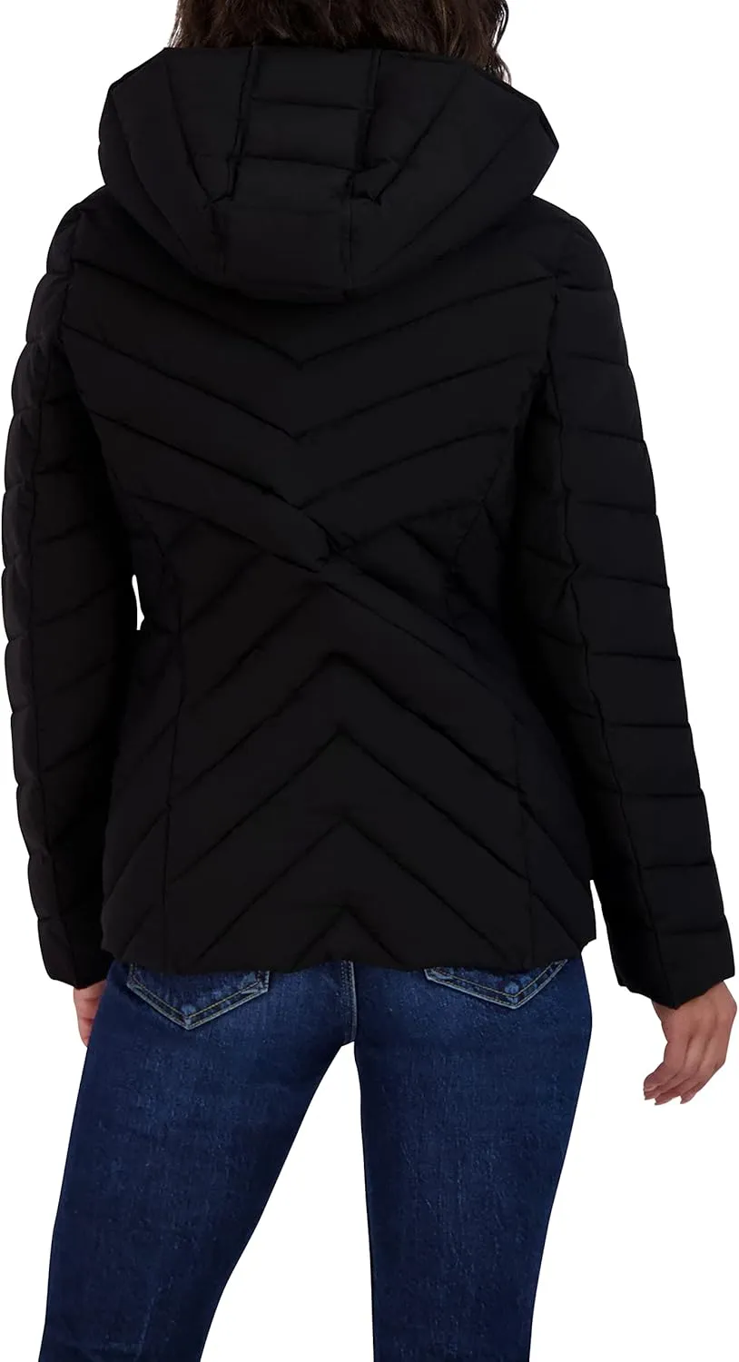 Nautica Women's Short Stretch Lightweight Puffer Jacket with Removeable Hood