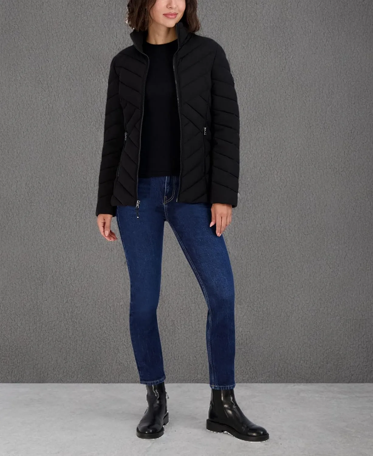Nautica Women's Short Stretch Lightweight Puffer Jacket with Removeable Hood