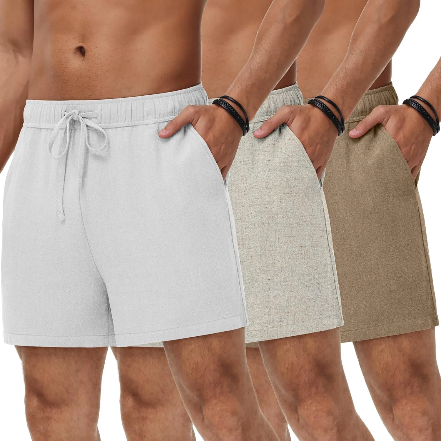 Neer 3 Pack Men's Linen Shorts Casual Cotton Lightweight Elastic Waist Drawstring Summer Shorts with Pockets