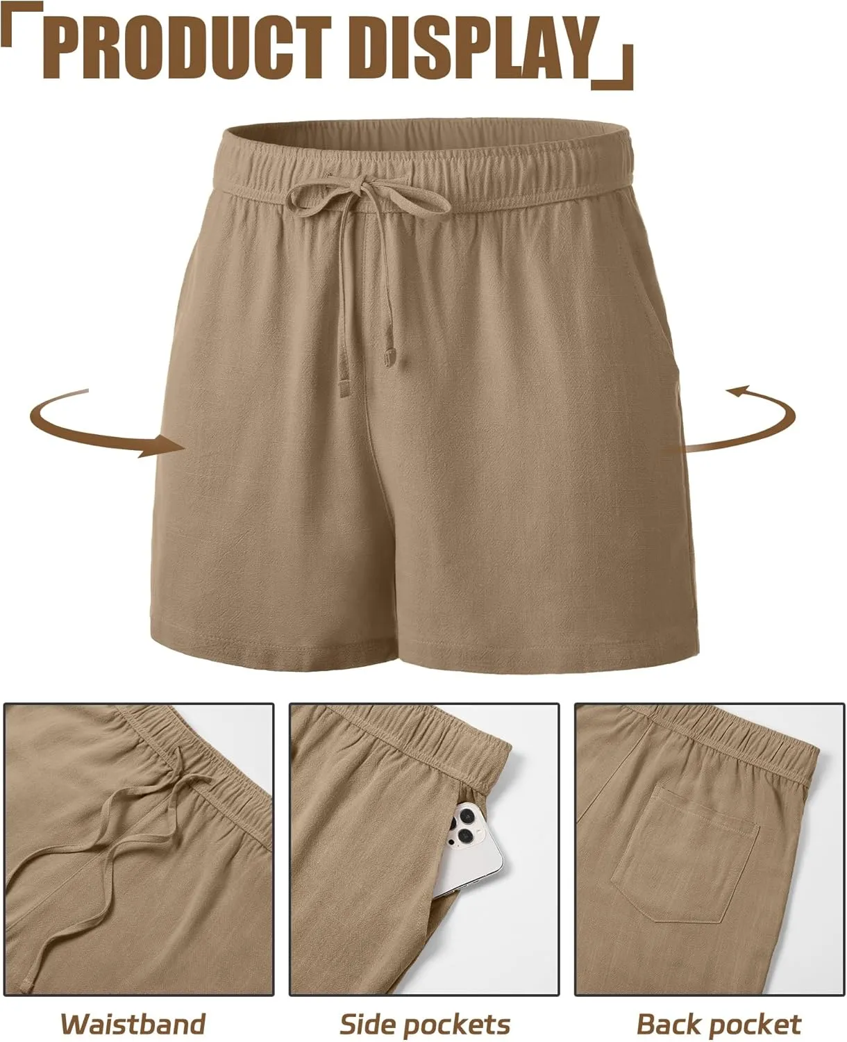 Neer 3 Pack Men's Linen Shorts Casual Cotton Lightweight Elastic Waist Drawstring Summer Shorts with Pockets