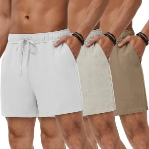 Neer 3 Pack Men's Linen Shorts Casual Cotton Lightweight Elastic Waist Drawstring Summer Shorts with Pockets