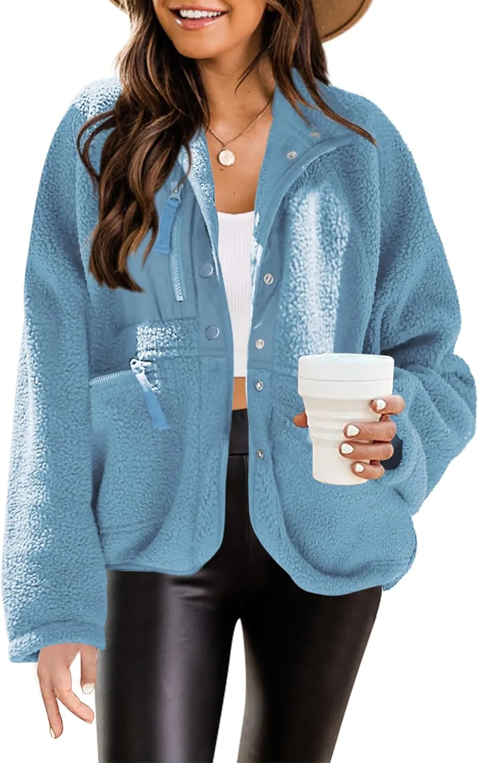 Nirovien Womens Fuzzy Fleece Jacket Button Down Sherpa Coats Casual Winter Warm Outwear with Pockets