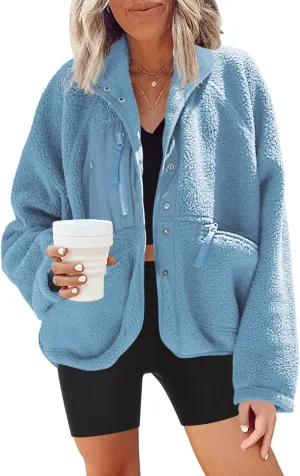 Nirovien Womens Fuzzy Fleece Jacket Button Down Sherpa Coats Casual Winter Warm Outwear with Pockets