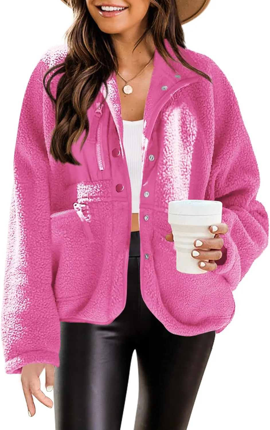 Nirovien Womens Fuzzy Fleece Jacket Button Down Sherpa Coats Casual Winter Warm Outwear with Pockets