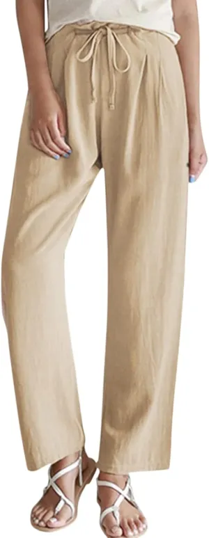 niuwa Solid Color Cotton Linen Pants for Women Drawstring Waist Straight Leg Pants Loose Summer Casual Trousers