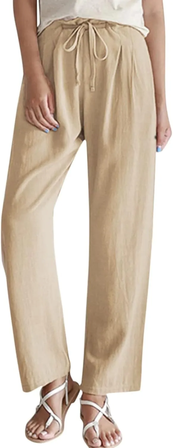 niuwa Solid Color Cotton Linen Pants for Women Drawstring Waist Straight Leg Pants Loose Summer Casual Trousers