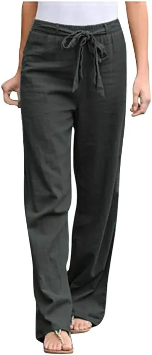 niuwa Women Cotton Linen Trousers Summer Solid Color Wide Leg Pants Elastic Waist Loose Lounge Pants Sweatpants (Gray, XXL)