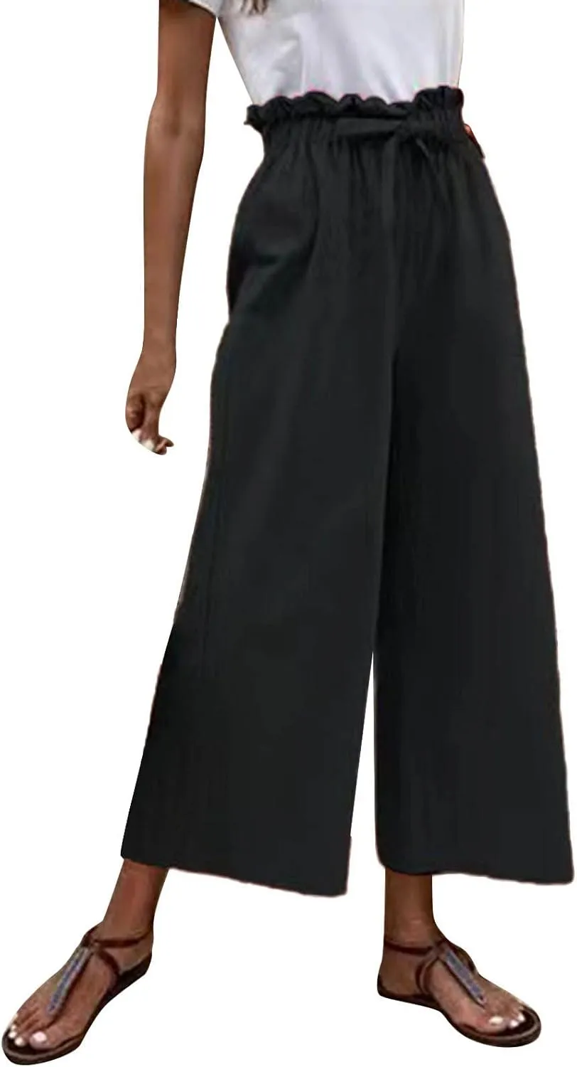 niuwa Womens Summer Cotton Linen Casual Long Pant High Waist Loose Fit Casual Trousers Comfy Pants (Black, XL)