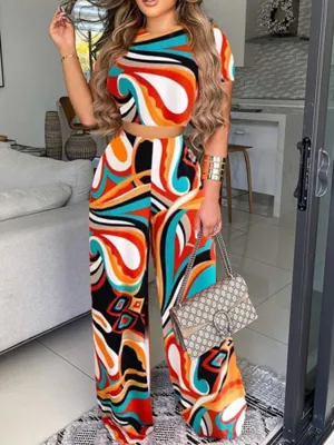 O Neck T-shirt &Wide Leg Pants Two-piece Geometric Print Outfits